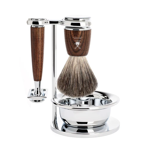 MUHLE S81H220SSR Shaving Set - Pure Badger Brush, Safety Razor + Bowl - Steamed Ash